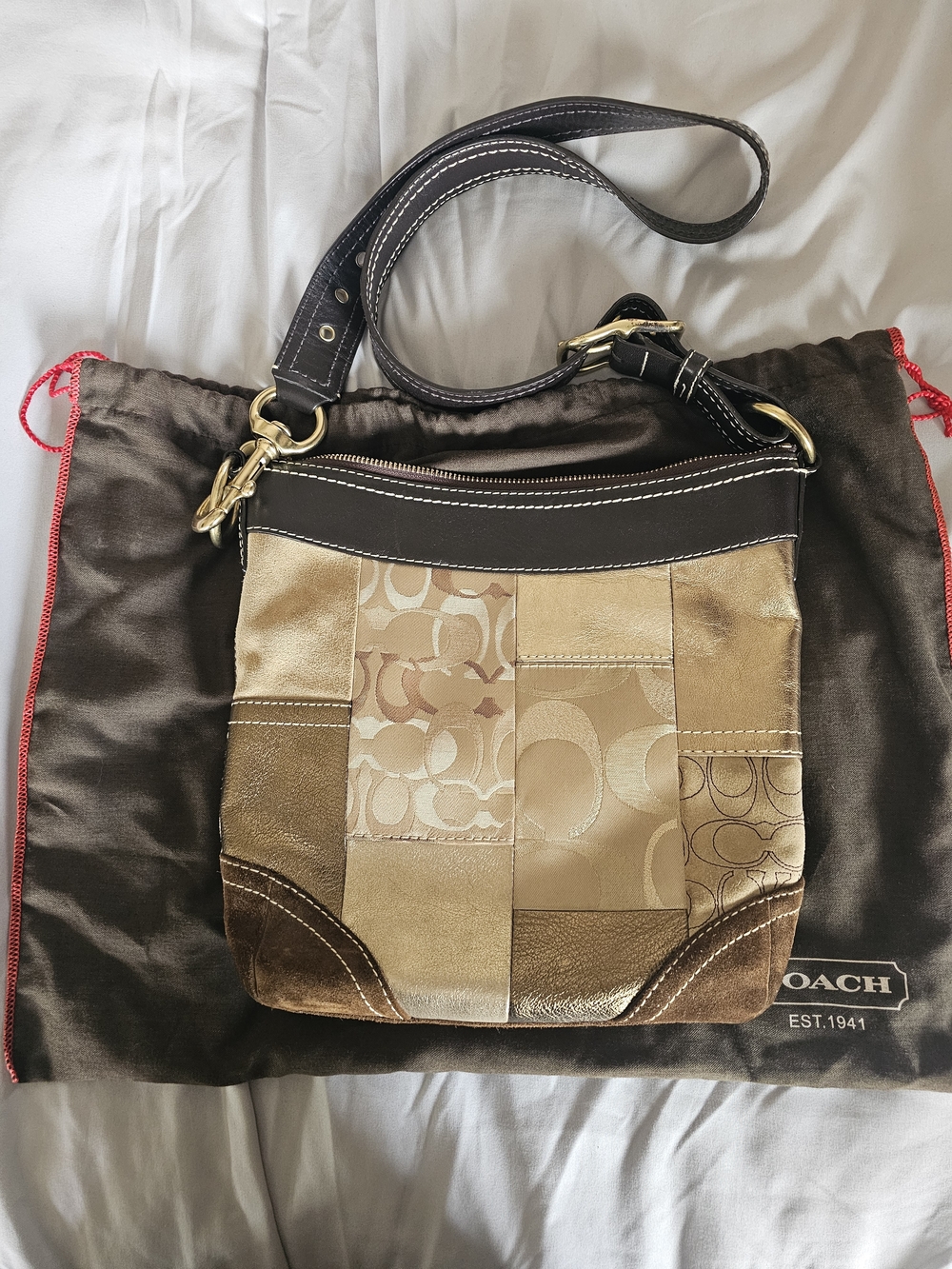 Coach Patchwork Leather & Suede Signature Canvas Shoulder Bag - Brown/Gold